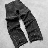 Loose Wide-Leg Retro American High-Set Retro Black Patchwork Hole Jeans