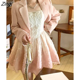 Autumn Elegant Vintage Mini Dress Women Casual Korean Print Party Strap Dress Female Japanese Sweet Princess Fairy