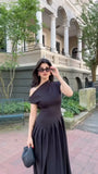 Solid Irregular Pleated A-line Maxi Dress Women Elegant Diagonal Collar Short Sleeve Robe 2024 Summer Lady Chic
