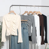 Real Shooting 2024 Autumn Dress Sexy V-Neck Folded Open Fork Short High-Waisted T-Shirt Horn Long Sleeve Bottom Top