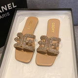 Flat-Bottomed Slippers Women 2025 Summer New Diamond Pearl Decoration Large-Size Women Cold