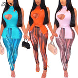 Summer Women Print Tracksuit Two Piece Set Hollow Out Shirt + Long Pants Skinny Sportsuit Clothes For Women