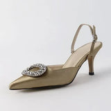new stiletto pointed high heel rhinestone buckle sandals Satin Korean version of the wild Baotou female cool