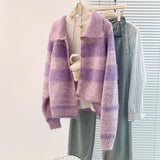 Purple Striped Soft-Clip Single-Dcupy Clasp-Clip Sweater Women's Cardigan Jacket 2025 New Autumn And Winter