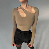 Zingj Hollow Collar Solid Color Onesie, Sexy Hot Girl Fashion Slim Long-Sleeved