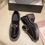 Chain Thick Bottom Spring Autumn Lefu Shoes Women Black Thick Heel Retro Small Leather Shoes A Foot Pedal Single
