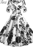 Sleeve Black Autumn Winter Women Dress Floral Print Vintage Party Dresses Robe Casual Rockabilly A-Line Pin Up
