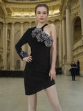 Asymmetric Design Dress Woman 2025 Spring New Fashion Temperament Flowers Splicing High-End Short Dress