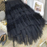 Tulle Long Skirt Women Vintage Gothic High Waist Midi Skirt Korean Style Soft Mesh Fluffy Tutu Skirt Female Jupe