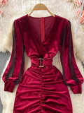 Winter Women Black/Red Draped Bodycon Midi Dress Vintage V-Neck Mesh Patchwork Long Sleeve High Waist Vestidos 2023