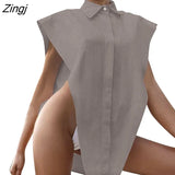Female Shirt Fashion Sexy Solid Color Turn-Down Collar Sleeveless Tops 2023 Streetwear