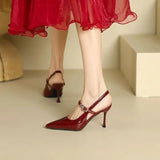 Wine Red High-Heeled Sandals Women 2025 Summer New Bun Head Buckle Fine Temperament Single Shoe With