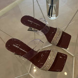 Summer New Toe Slippers Women Wearing Square Head Drill Word With Thick Heel Large-Size Cool Drag High