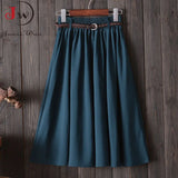 Women Preppy Style Summer Skirt Casual A-line Solid With Belt Mid-length Fashion Elegant Chic Girls Midi Skirts