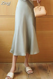Silk Satin Midi Skirt for Women 2023 New Elegant High Waist A Line Solid Office Balck Long Skirt Women