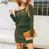 PETAL Black One Shoulder Sweater Dress For Women Sexy Long Sleeve Mini Dress 2023 Autumn Winter Loose Sweater
