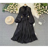 Korean Version Of The Lantern Long Sleeve To Receive The Waist Thin Folded Folded Lily Dress Seaside Long