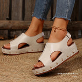 New Thick-Bottomed Hollow Fish Mouth Sandals Women Large Size Rivet Magic Sticky Slope And Beach Cool