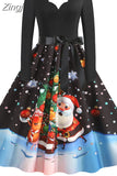 Big Swing Print Vintage Christmas Dress Women Winter Casual Long Sleeve V Neck Sexy New Year Party Dress