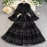 Retro Court Hollow Lace Splicing Horn Sleeve Dress Female Waist Temperament Over Knee Cake Long