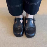 Spring And Autumn Retro Black Small Leather Shoes Women's T-Shaped Round Head Mary Jane Shoes New Flat-Bottomed Casual Birken