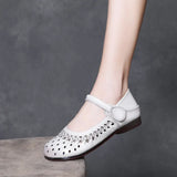 Cow Skin Retro Hollow Sandals Women 2025 Summer New Comfortable Breathable Hole Shoes Casual Mother