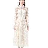 Suit Female Magenta Elegant Lantern Sleeve Embroidered Mesh Shirt High Waist Swing Half Body Skirt Spring Dress Two