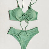 2025 New Multi-Color Solid Color Tie Hanging Neck Bow Body Swimsuit Female