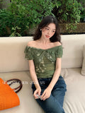 Xixi 2025 Summer New Korean Version Of The Word Collar Lotus Side Chiffon Temperament Short-Sleeved Shirt Top