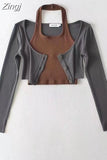 Women T-Shirts Y2k Two Piece Set Tee Top Harajuku Fashion Korean Vintage Sexy Long Sleeve Crop Top Funny T Shirts 2000s