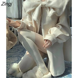 Winter Pure Color Casual Overcoat Women Bow Design Chic Elegant Long Sleeve Jackets Office Lady Korean Fashion Y2k Top