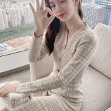 Button Plaid Sexy Sweater Woman Dress Elegant Korean Evening Long Sleeve V-Neck Maxi Dresses for Women Party Autumn