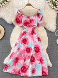 Vintage Women Printed Dresss Sexy Square Collar Short Puff Sleeve High Waist A-Line Vacation Beach Vestidos Female