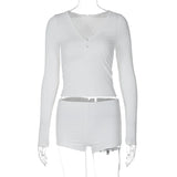 Zingj Women's Sexy Low Cut V-Neck Tight Long Sleeve Top Fashion Sporty Short Shorts Two-Piece
