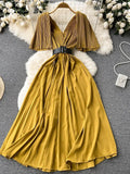 Women Pleated Party Long Dress Sexy V-Neck Short Sleeve High Waist A-Line Maxi Vestidos With Belt Vacation Beach Robe