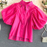 Sleeve Blouses Korean Fashion Women Clothes Button Up Shirt Harajuku Shirts Summer Elegant Vintage See Through Blusas