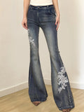 West Of The Cowboy Wind Plant Flowers Embroidered Low-Waisted Trousers Hottie Water Wash Old Leisure
