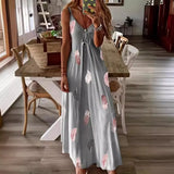 Zingj And Summer New Sleeveless Slim Feather Print Low Breast V Collar Sling Large Hem Skirt Women's Dress-Outfit