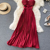 Sexy Spaghetti Strap Dress Women Elegant Hollow Out High Waist Pleated Vestidos Female Party Robe New