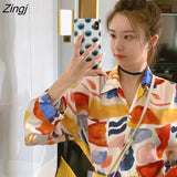 Shirts Women Long Sleeve Print Ulzzang Cat Turn-down Collar Students Designed Womens Korean Style with Buttons