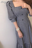 Waist Retro Fashion New Summer Women Puff Sleeve Plaid Dress Ladies Pullover Cotton Dresses Casual Woman A-line Long
