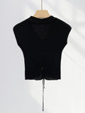 Zingj Show Thin Ultra-Soft Short Knit Top Women's Summer Thin V-Neck Small Flying Sleeve Black Rose Lace-Up Short