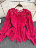 Red Hollow Out Blouse Women Vintage Elegant Round Neck Lantern Long Sleeve Single Breasted Shirt New