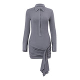 Zingj Autumn New Women's Fashion Polo Collar Breasted Slim Pure Color Long Sleeve Strap Wrapped Hip
