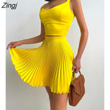 Summer Holiday Square Neck Solid Sexy Corset Crop Top & A Line Pleated Skirt Sets Two Pieces Suits Dresses Women's