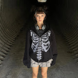 Skeleton Print Zip Up Loose Oversized Hoodie-Outfit