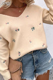 Winter Women's V Neck Sweater Flower White Long Sleeve Warm Knitted Sweater Women Green Embroidered Sweater for