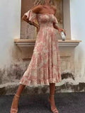 Zingj Spring And Summer New Print Open Shoulder With Chest Sexy Rest Lotus Leaf Sleeve Dress