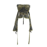 Old-Fashioned Green Shoulder Horn Sleeve Blouse Dye Net Yarn Lace Draw Rope Short T-Shirt