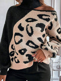And Winter New Sweater Women Feel Shoulder Leopard Splicing High-Neck Knitting Shirt